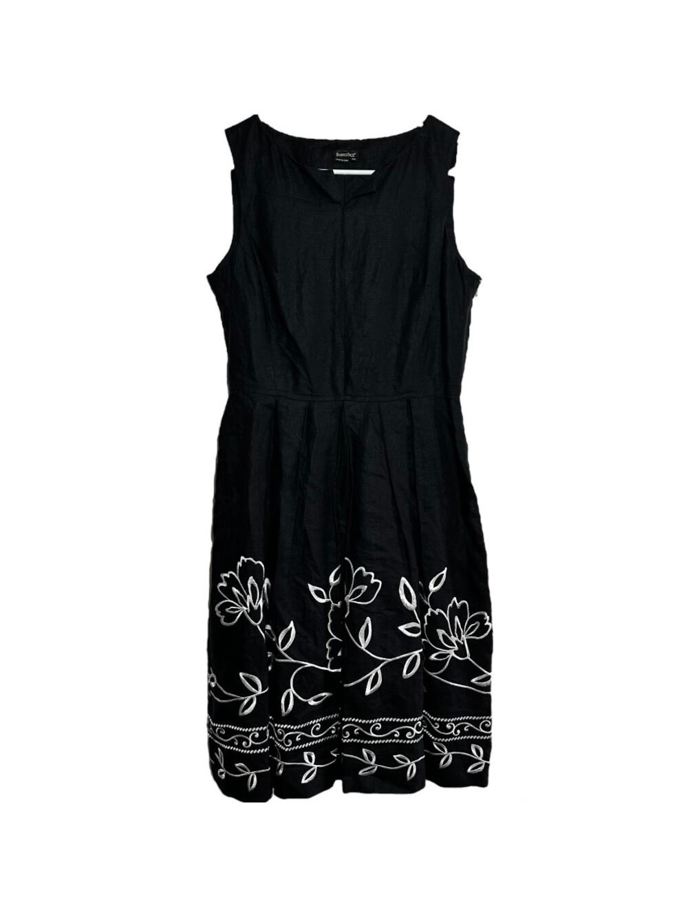 Vintage Barrie Pace Linen Dress Fit & Flare Floral Embroidered Pleated Black 6P